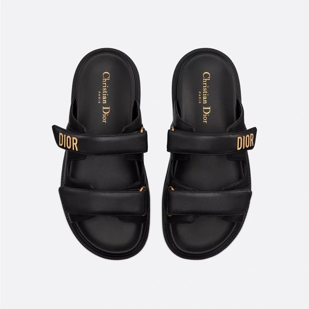 Dior Black Leather Sandals with Gold Logo - Picture 4 of 7